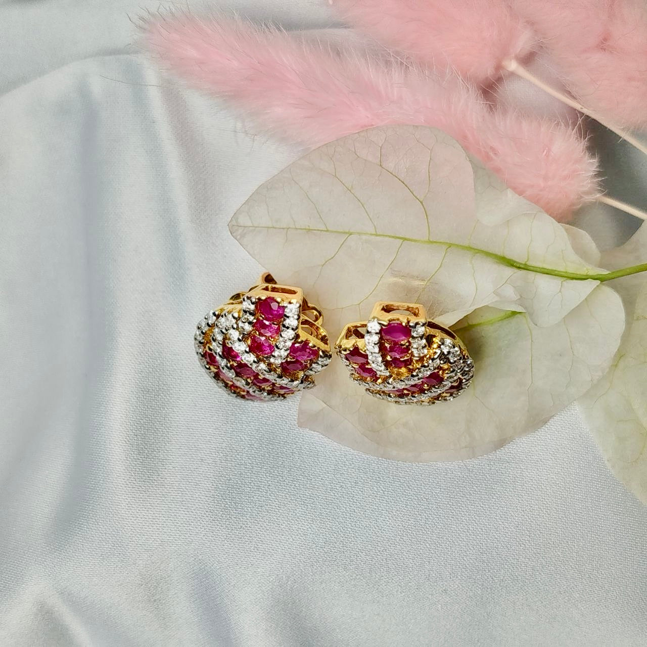 Burmese Ruby with Diamond Earring 18K Yellow Gold