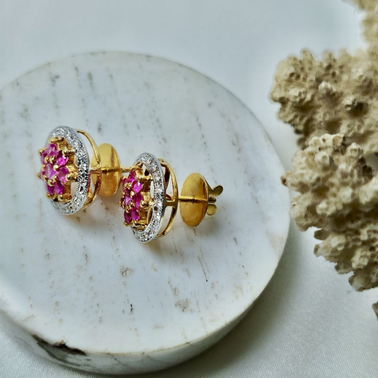 Burmese Ruby with Diamond Earring 18K Yellow Gold