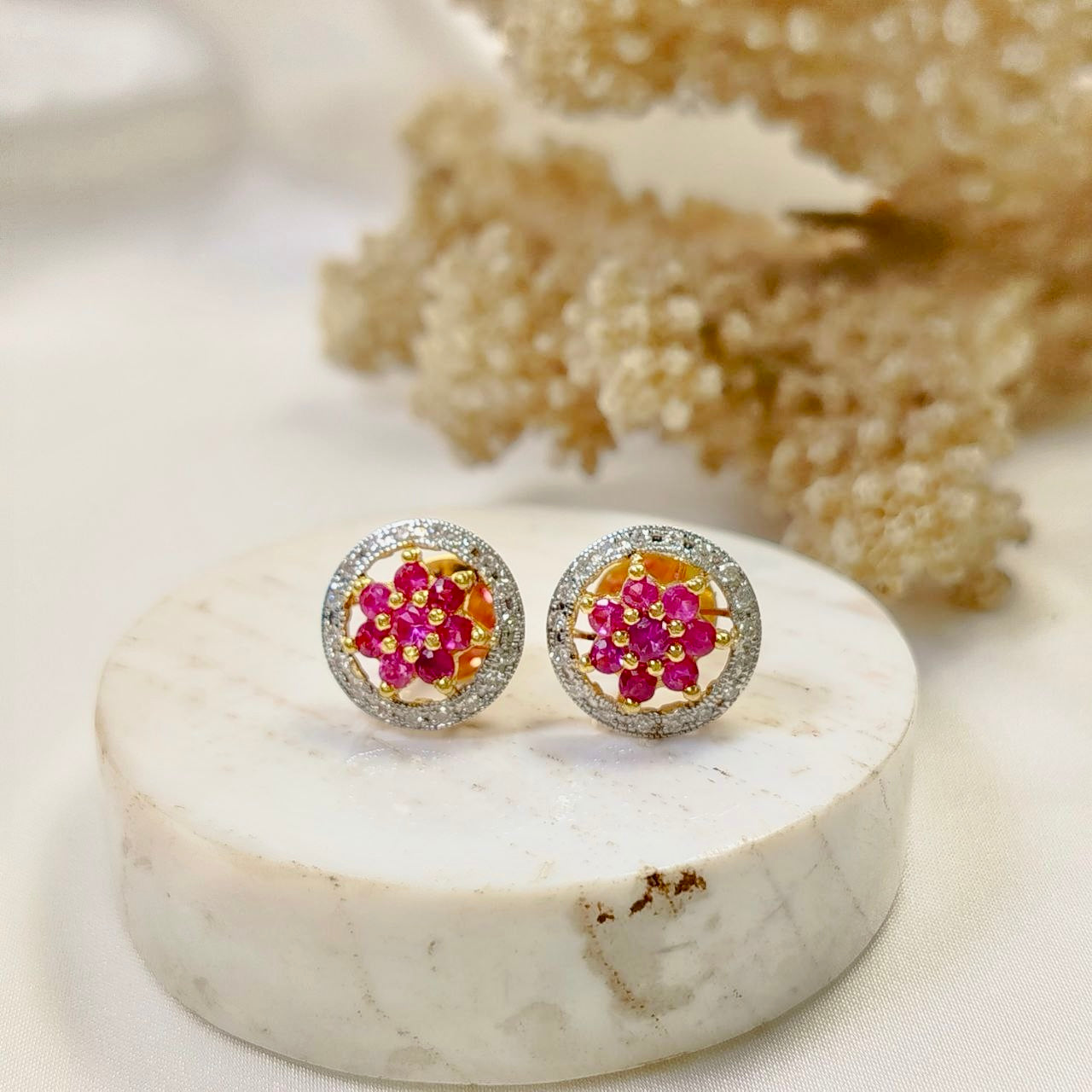 Burmese Ruby with Diamond Earring 18K Yellow Gold