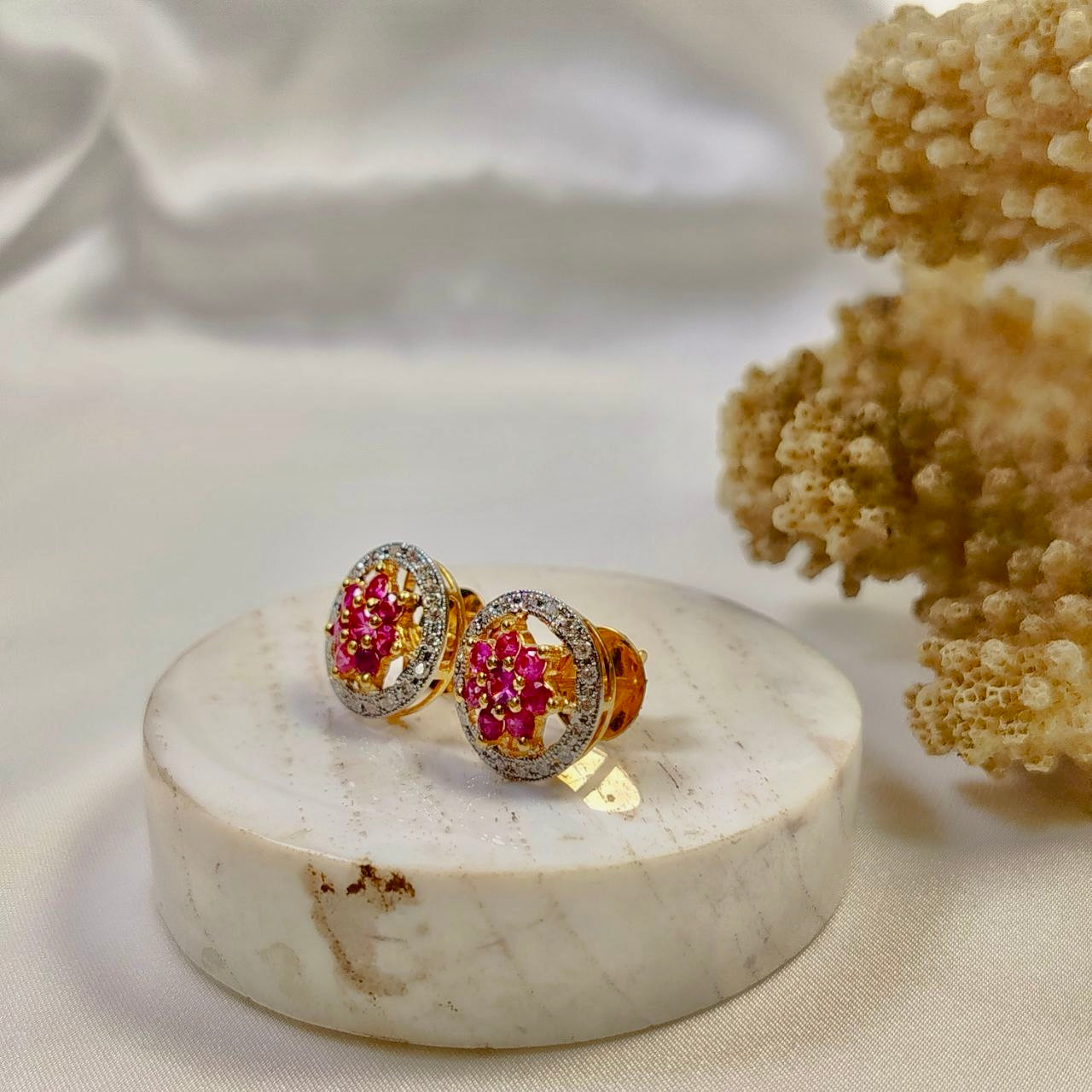 Burmese Ruby with Diamond Earring 18K Yellow Gold