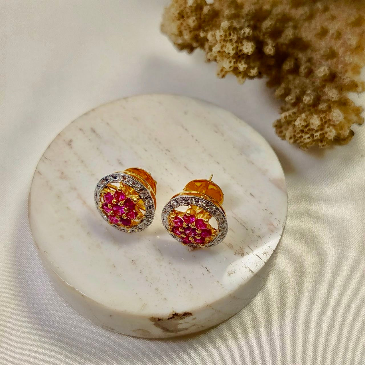 Burmese Ruby with Diamond Earring 18K Yellow Gold