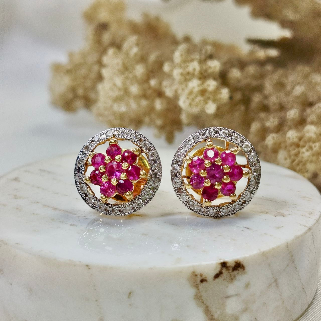 Burmese Ruby with Diamond Earring 18K Yellow Gold