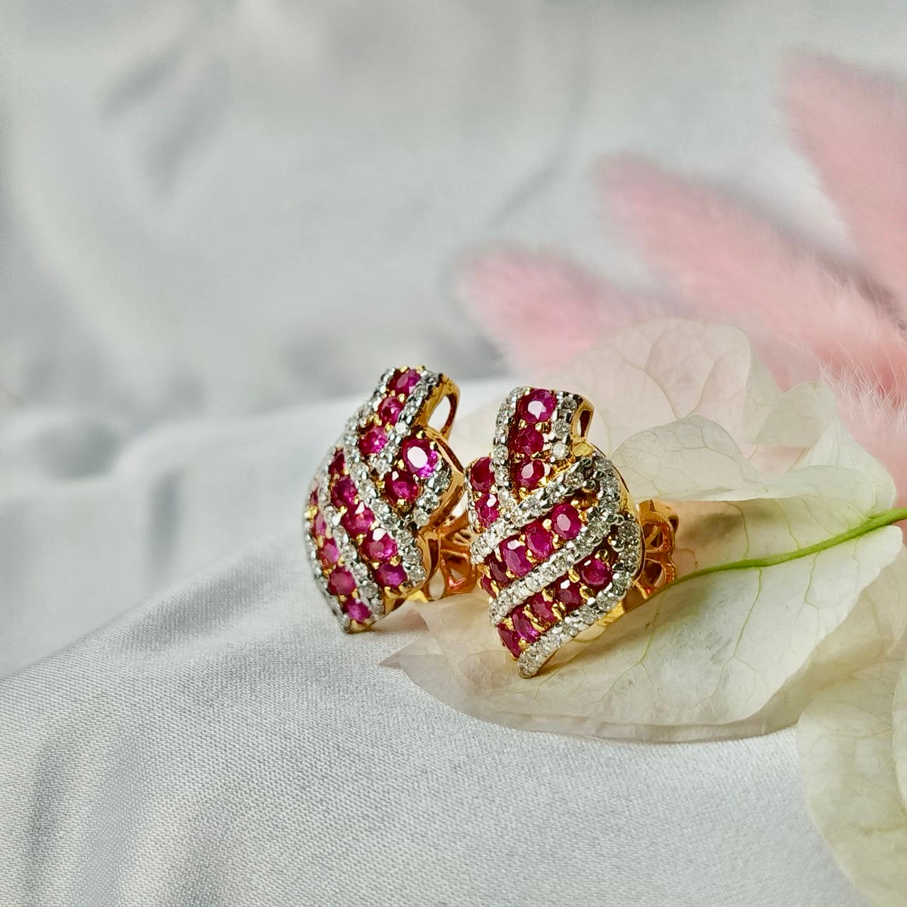 Burmese Ruby with Diamond Earring 18K Yellow Gold