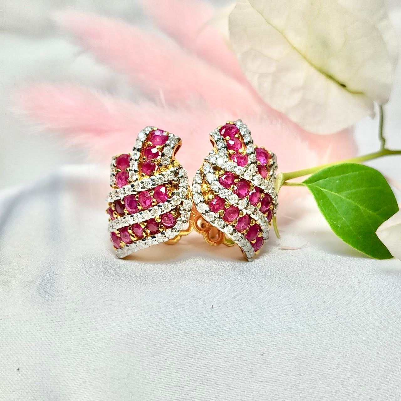 Burmese Ruby with Diamond Earring 18K Yellow Gold