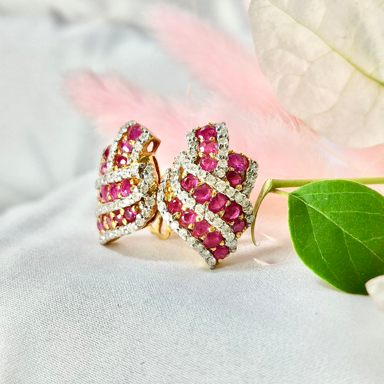 Burmese Ruby with Diamond Earring 18K Yellow Gold
