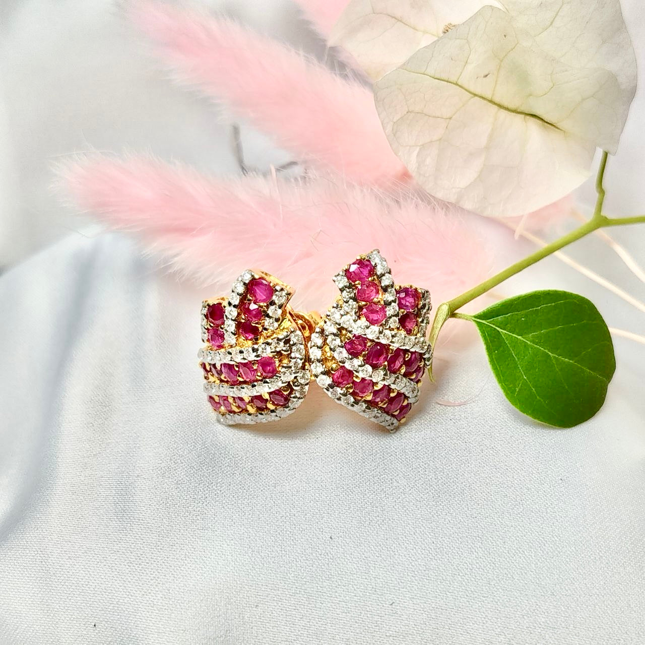 Burmese Ruby with Diamond Earring 18K Yellow Gold