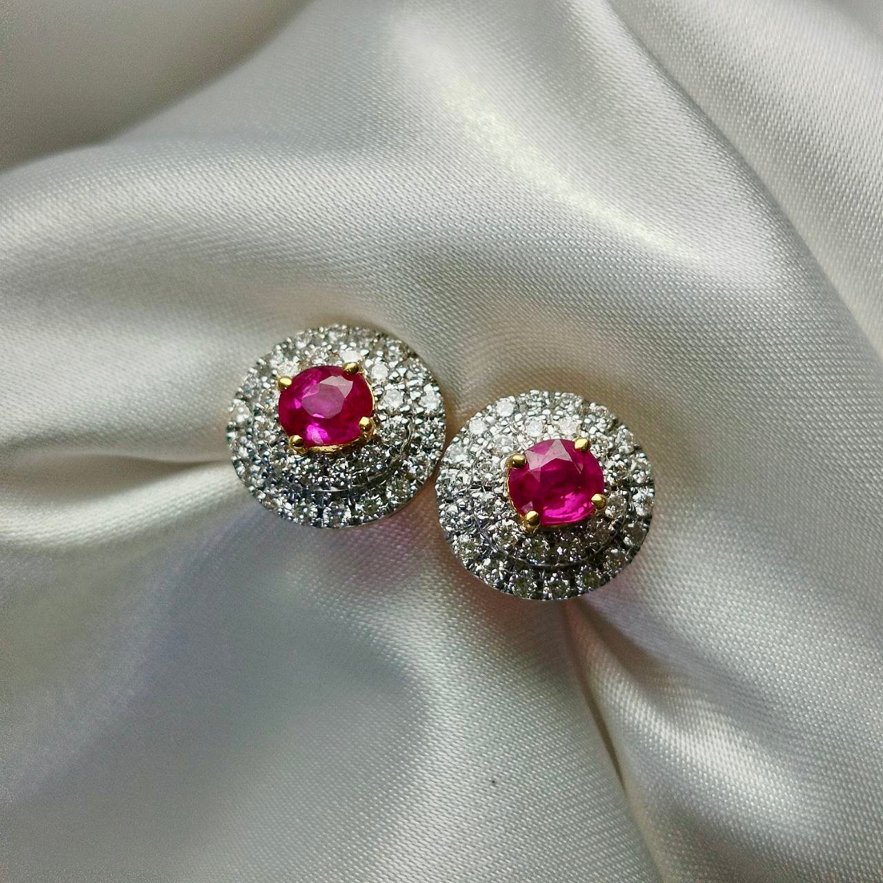 Burmese Ruby 0.65 Carats  with Diamond Earring 18K Yellow Gold