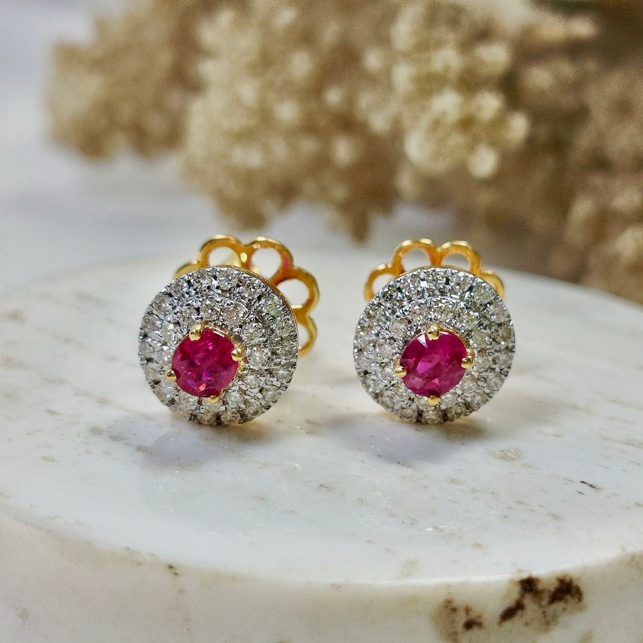 Burmese Ruby 0.65 Carats  with Diamond Earring 18K Yellow Gold