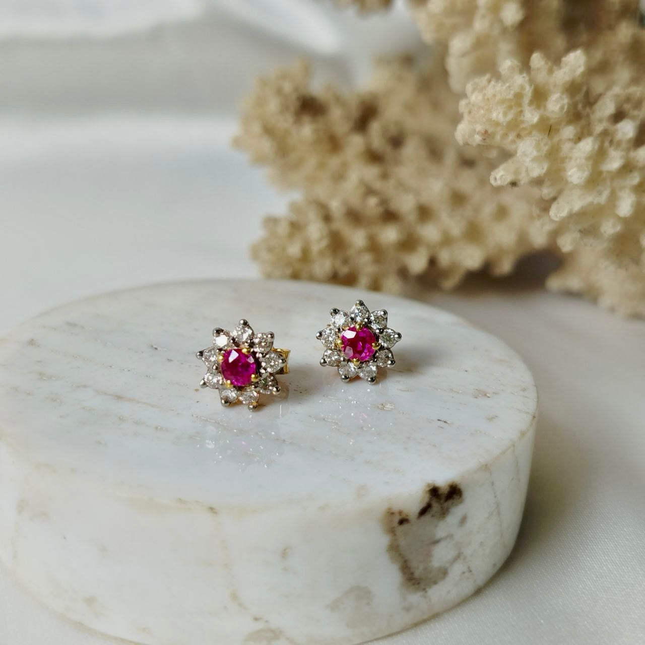Burmese Ruby 0.4 Carats  with Diamond Earring 18K Yellow Gold