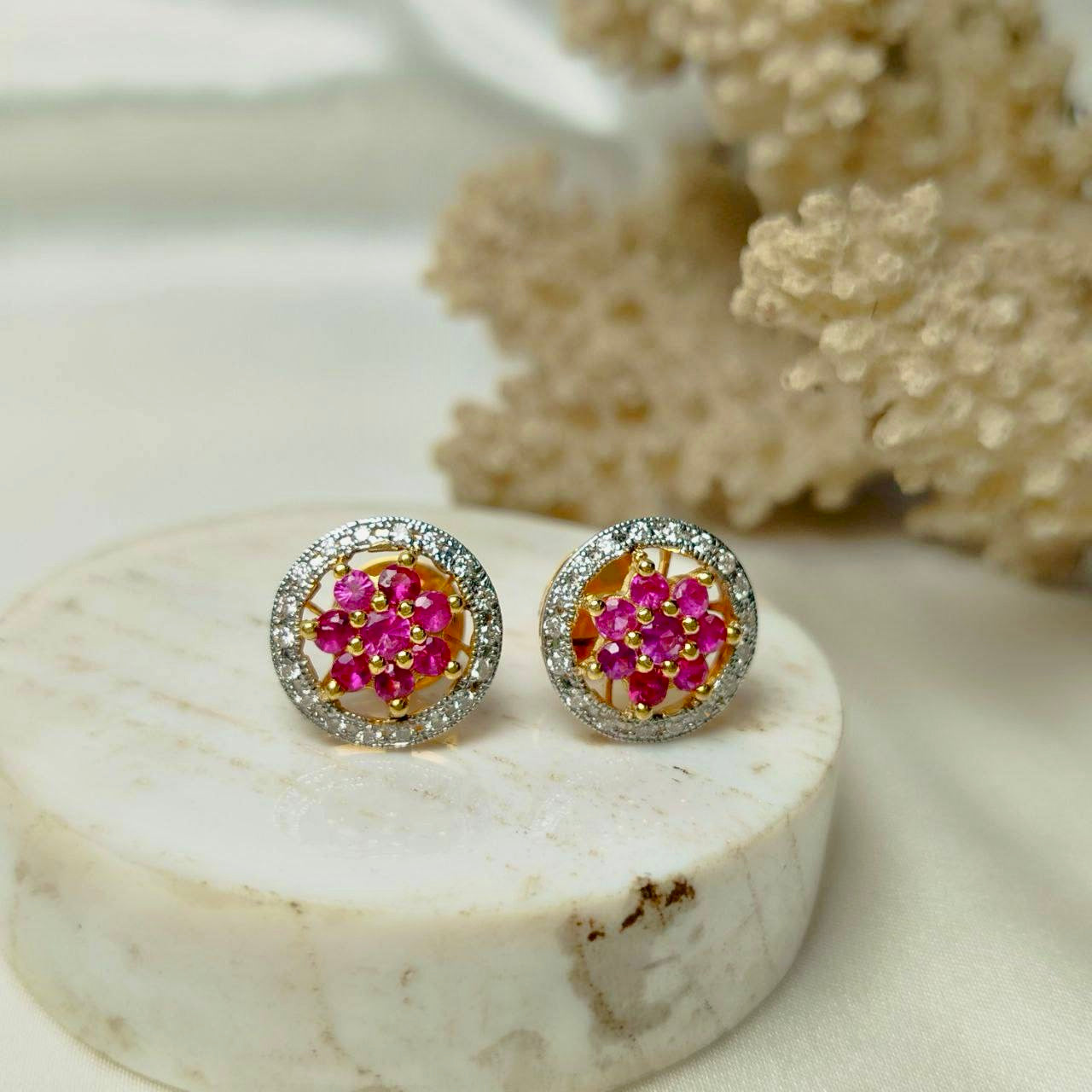Burmese Ruby with Diamond Earring 18K Yellow Gold
